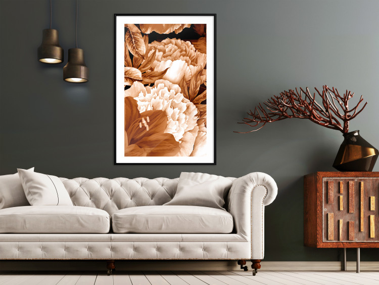 Poster Lilies and Peonies - plant flowers and leaves in sepia motif on black background 123879 additionalImage 4