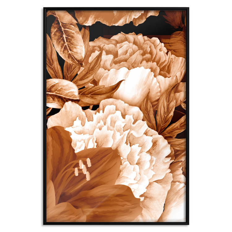 Poster Lilies and Peonies - plant flowers and leaves in sepia motif on black background 123879 additionalImage 17