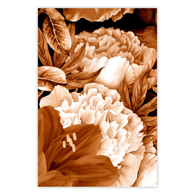 Poster Lilies and Peonies - plant flowers and leaves in sepia motif on black background 123879