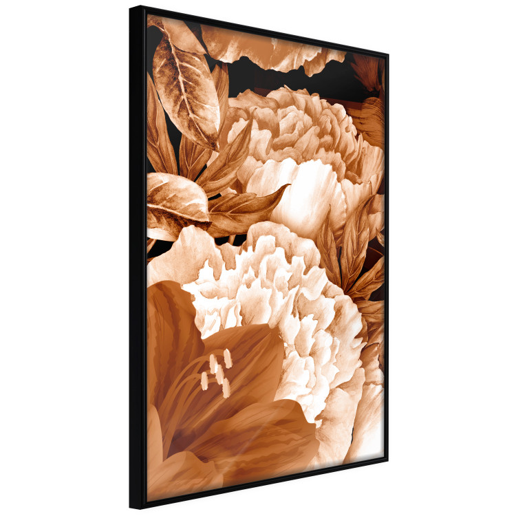Poster Lilies and Peonies - plant flowers and leaves in sepia motif on black background 123879 additionalImage 10