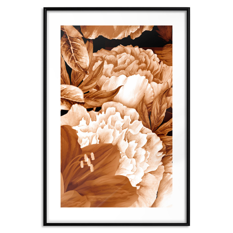 Poster Lilies and Peonies - plant flowers and leaves in sepia motif on black background 123879 additionalImage 19