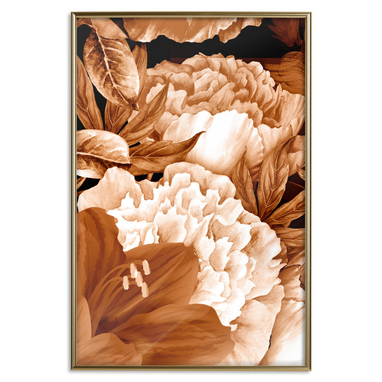Poster Lilies and Peonies - plant flowers and leaves in sepia motif on black background 123879 additionalImage 18