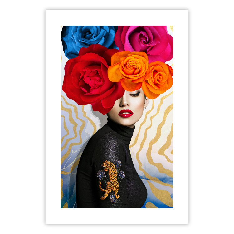 Poster Tiger on Shoulder - portrait of a woman with colorful flowers on her head 127479 additionalImage 15