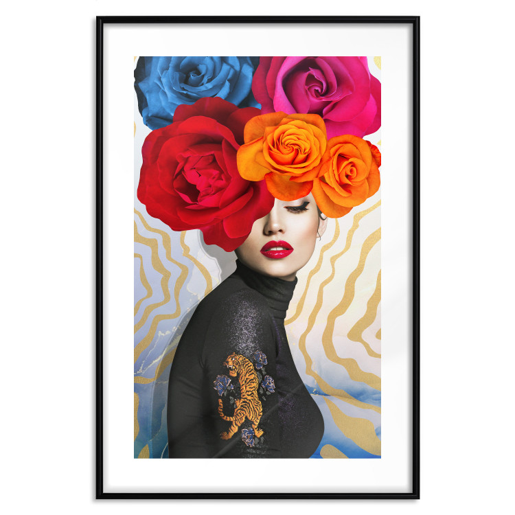 Poster Tiger on Shoulder - portrait of a woman with colorful flowers on her head 127479 additionalImage 20