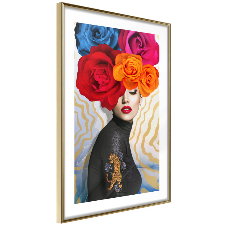 Poster Tiger on Shoulder - portrait of a woman with colorful flowers on her head 127479 additionalImage 7