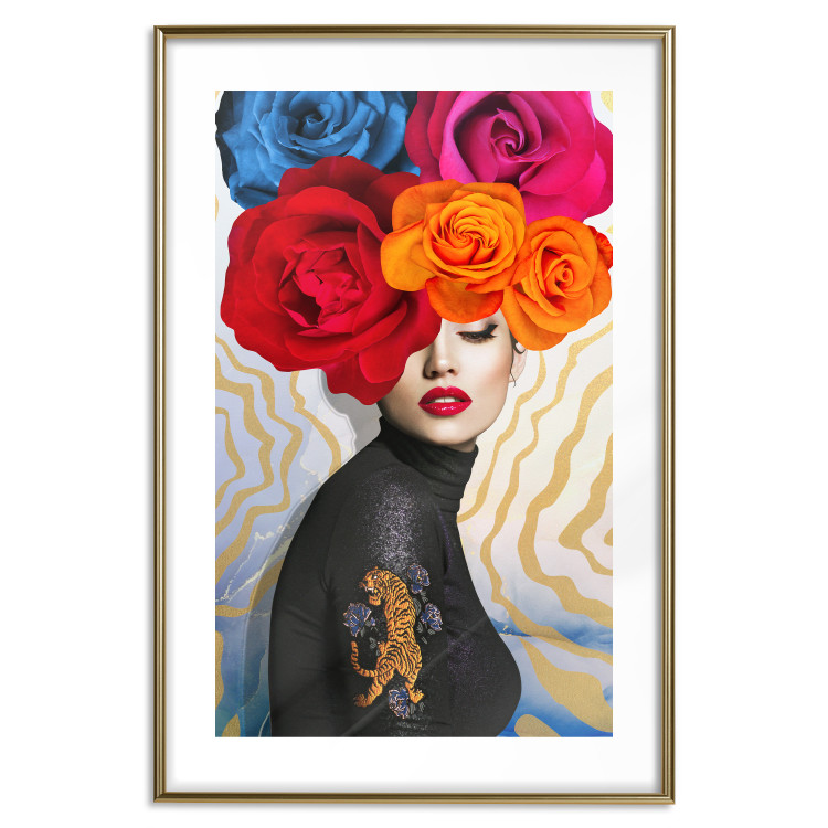 Poster Tiger on Shoulder - portrait of a woman with colorful flowers on her head 127479 additionalImage 19