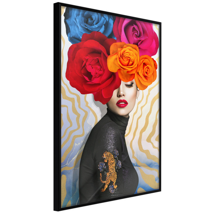 Poster Tiger on Shoulder - portrait of a woman with colorful flowers on her head 127479 additionalImage 11