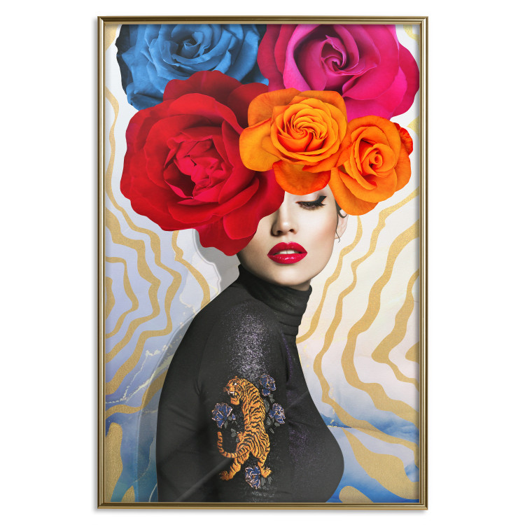 Poster Tiger on Shoulder - portrait of a woman with colorful flowers on her head 127479 additionalImage 16