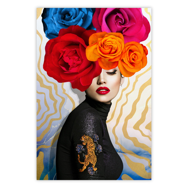 Poster Tiger on Shoulder - portrait of a woman with colorful flowers on her head 127479
