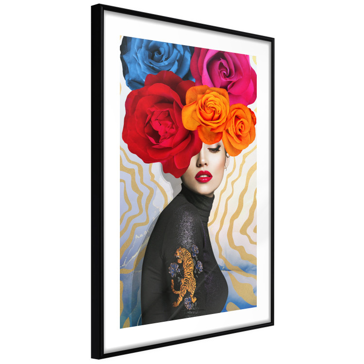 Poster Tiger on Shoulder - portrait of a woman with colorful flowers on her head 127479 additionalImage 6