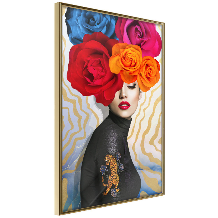 Poster Tiger on Shoulder - portrait of a woman with colorful flowers on her head 127479 additionalImage 12