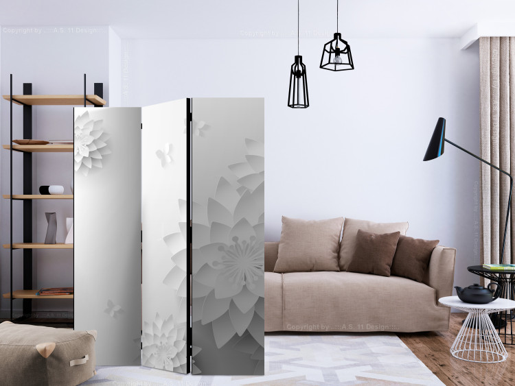 Room Divider Oriental Flowers (3-piece) - abstraction in white plants and butterflies 132579 additionalImage 4