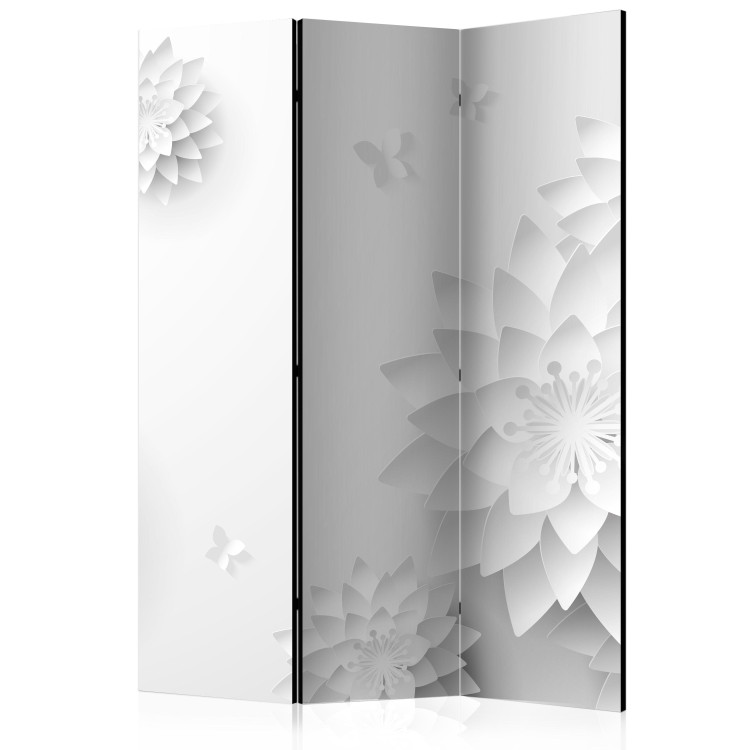 Room Divider Oriental Flowers (3-piece) - abstraction in white plants and butterflies 132579