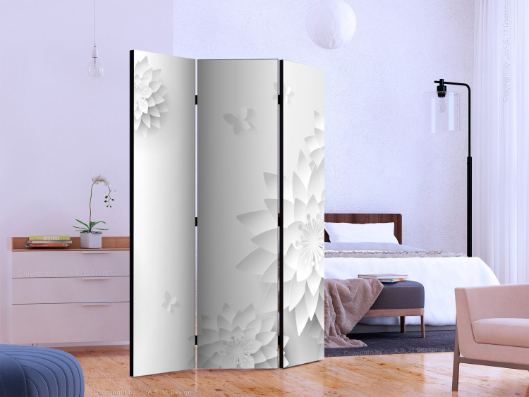 Room Divider Oriental Flowers (3-piece) - abstraction in white plants and butterflies 132579 additionalImage 2