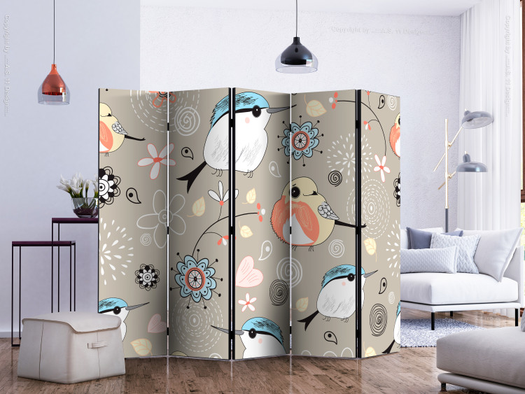 Room Divider Screen Bird Pattern II (5-piece) - colorful composition with flowers 133379 additionalImage 2