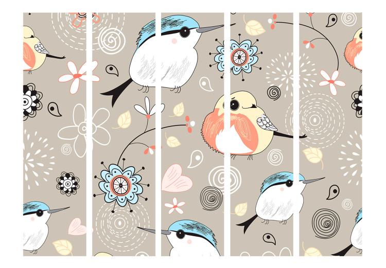 Room Divider Screen Bird Pattern II (5-piece) - colorful composition with flowers 133379 additionalImage 3