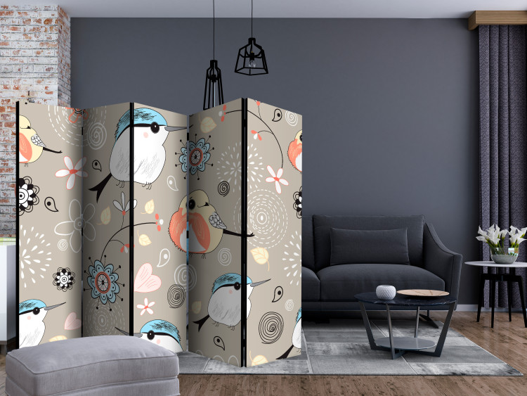 Room Divider Screen Bird Pattern II (5-piece) - colorful composition with flowers 133379 additionalImage 4