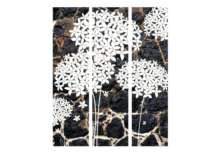 Room Divider Dark Garden - black stone wall texture with white plants 133779 additionalImage 3