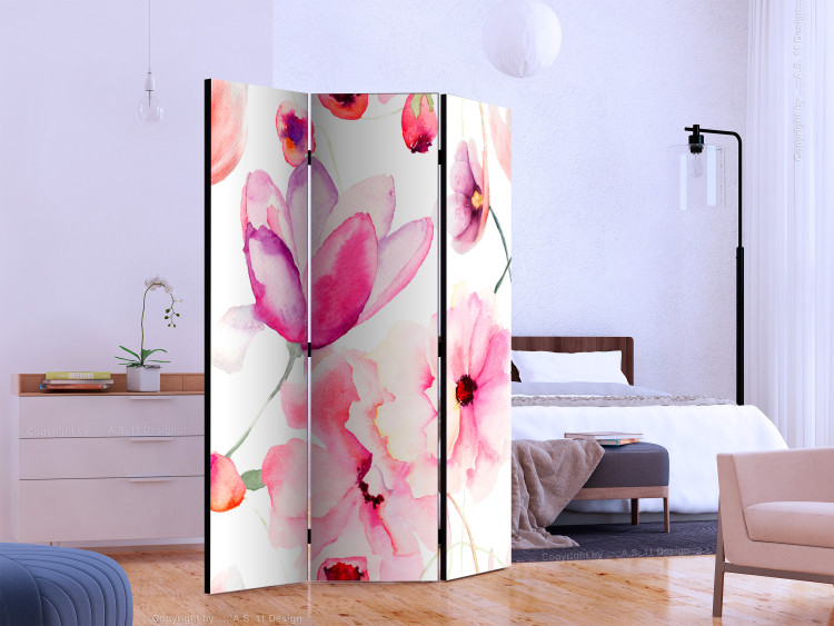 Folding Screen Pink Flowers (3-piece) - composition of colorful flowers on a white background 134279 additionalImage 2
