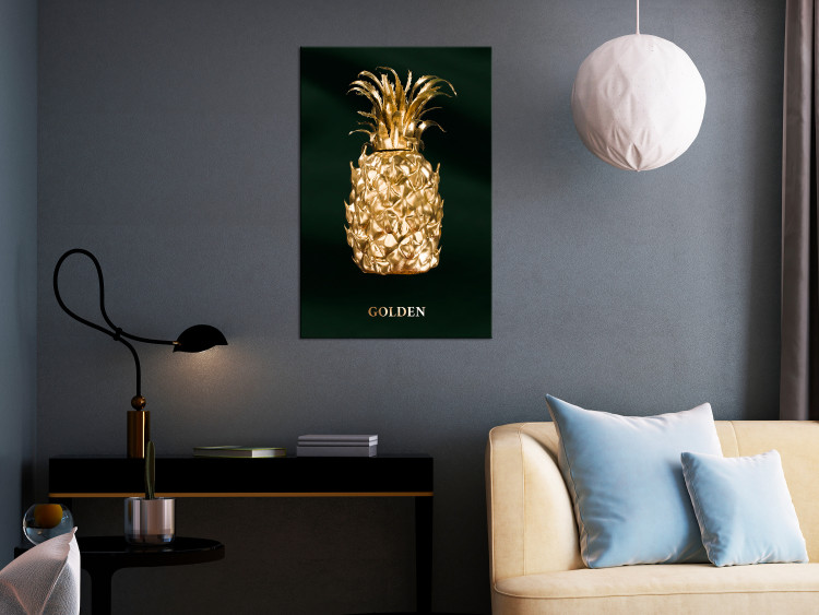 Canvas Gold pineapple - fruit with an inscription on the green background 135579 additionalImage 3