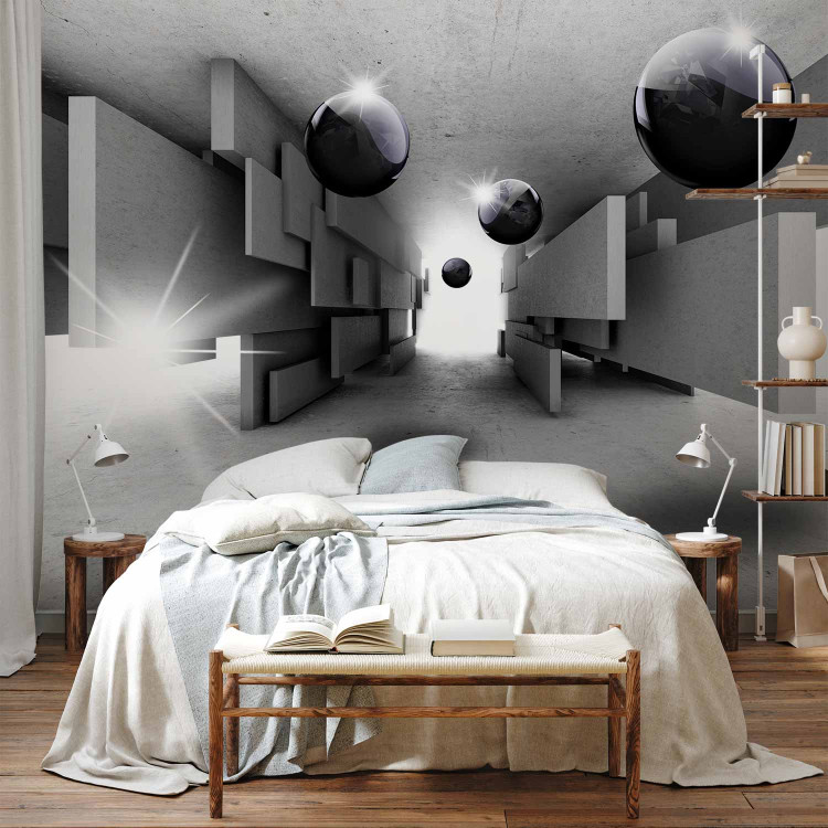 Wall Mural Grey geometric tunnel - space with black spheres and light 65679 additionalImage 2