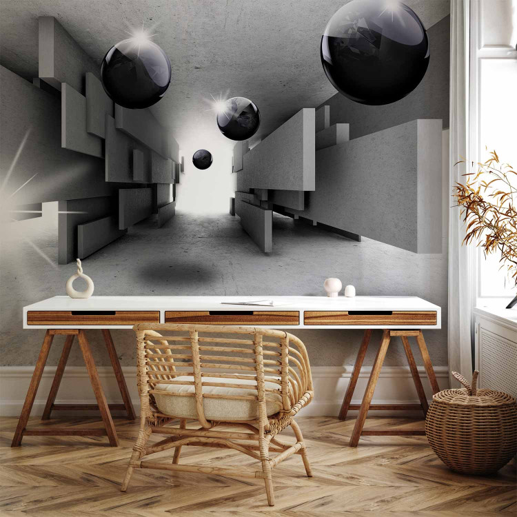 Wall Mural Grey geometric tunnel - space with black spheres and light 65679 additionalImage 4