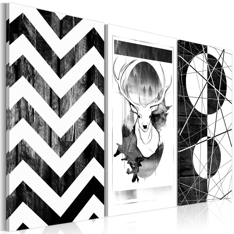 Canvas Art Print Black Forest (3-part) - black and white deer and geometric figures 94179 additionalImage 2