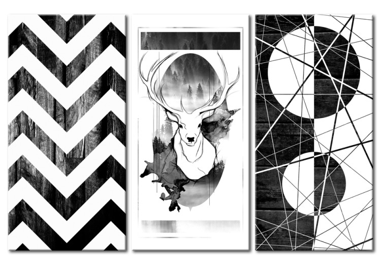 Canvas Art Print Black Forest (3-part) - black and white deer and geometric figures 94179