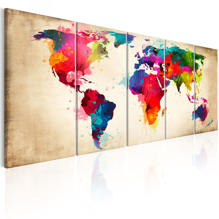 Canvas Art Print Bright Continents (5-piece) - World Map Painted with Watercolor 105189 additionalImage 2