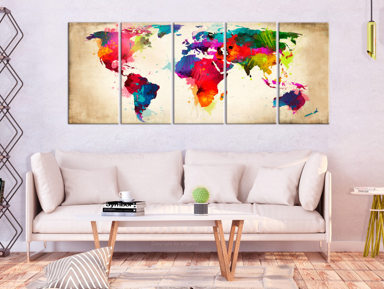 Canvas Art Print Bright Continents (5-piece) - World Map Painted with Watercolor 105189 additionalImage 3