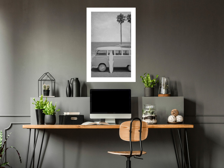 Wall Poster Holiday Trip - black and white landscape with a car and beach in the background 116489 additionalImage 2
