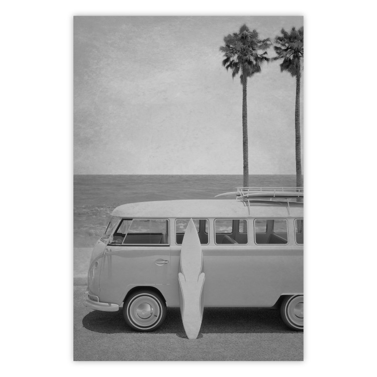 Wall Poster Holiday Trip - black and white landscape with a car and beach in the background 116489
