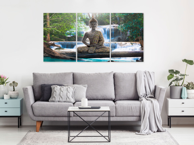 Canvas Art Print Buddha and Waterfall (3 Parts) Green 121989 additionalImage 3