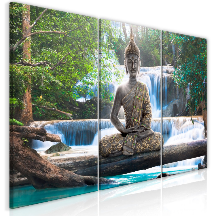 Canvas Art Print Buddha and Waterfall (3 Parts) Green 121989 additionalImage 2