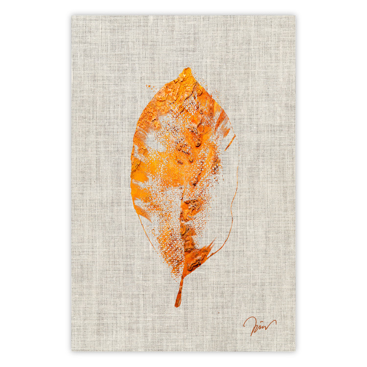 Wall Poster Golden Flora - orange autumn leaf on grey fabric texture 123789