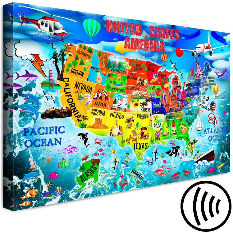 Canvas Art Print USA map for children - colourful drawings with symbols of the states 127889 additionalImage 6