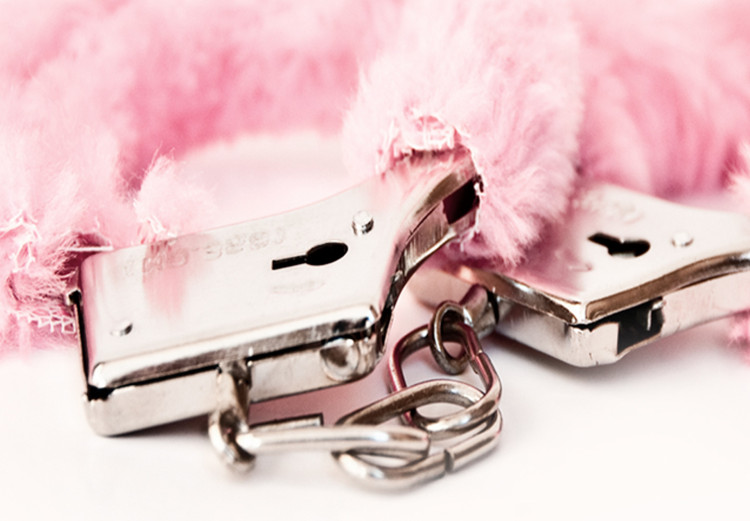 Wall Poster Rendezvous - handcuffs with pink fur on a uniform light background 131789 additionalImage 10
