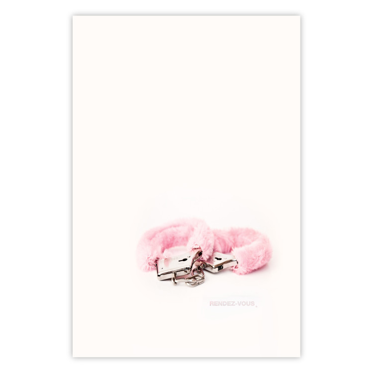 Wall Poster Rendezvous - handcuffs with pink fur on a uniform light background 131789