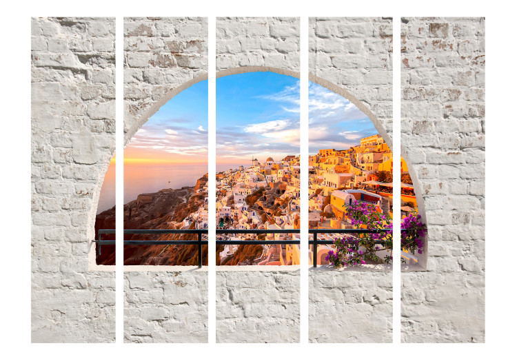 Room Divider Santorini II (5-piece) - view from a brick window onto a Greek landscape 132889 additionalImage 3