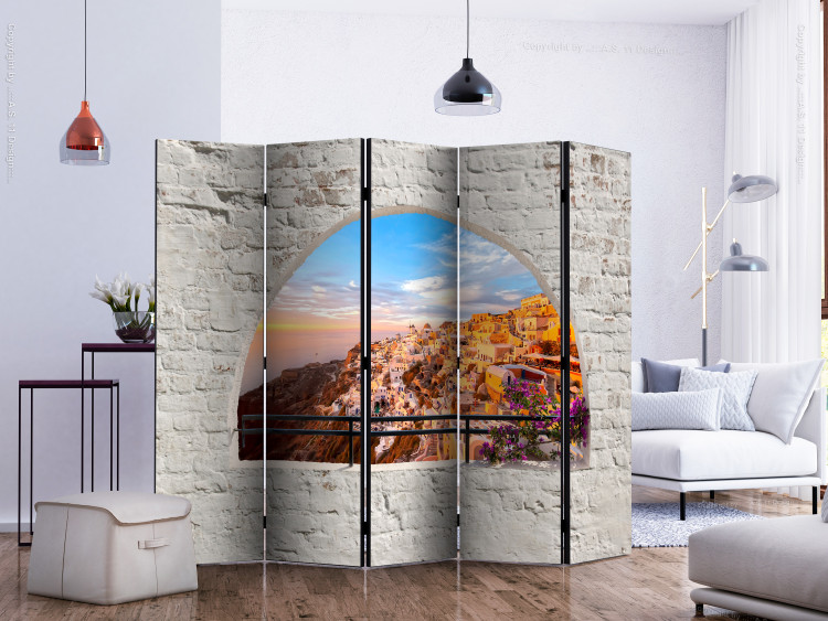 Room Divider Santorini II (5-piece) - view from a brick window onto a Greek landscape 132889 additionalImage 2