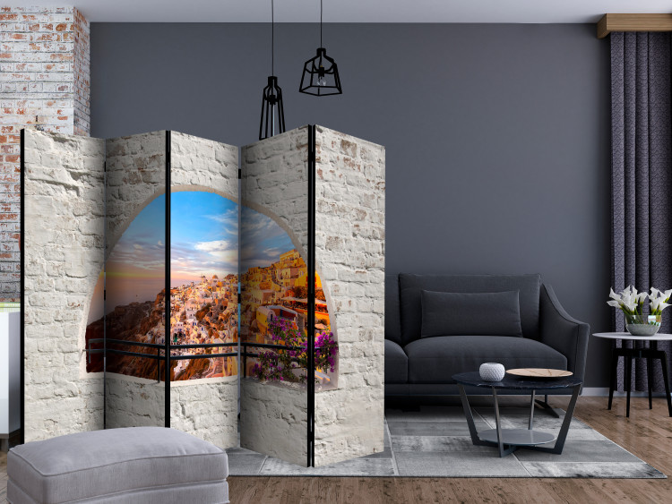 Room Divider Santorini II (5-piece) - view from a brick window onto a Greek landscape 132889 additionalImage 4