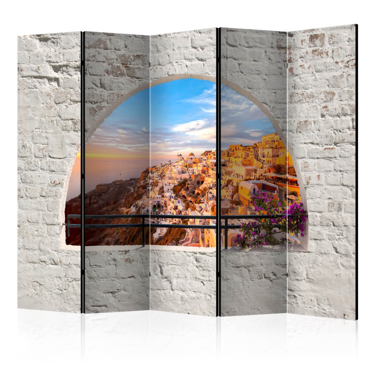 Room Divider Santorini II (5-piece) - view from a brick window onto a Greek landscape 132889