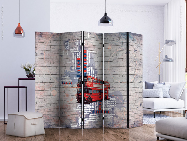 Folding Screen My London II (5-piece) - red car and writings on brick background 133289 additionalImage 2