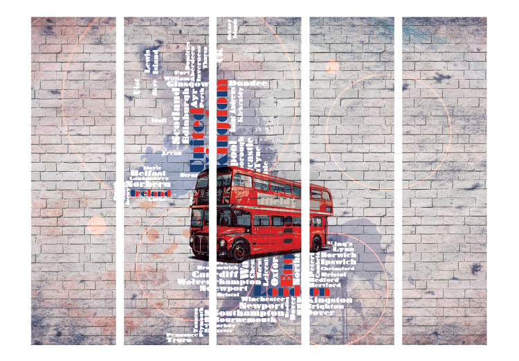 Folding Screen My London II (5-piece) - red car and writings on brick background 133289 additionalImage 3