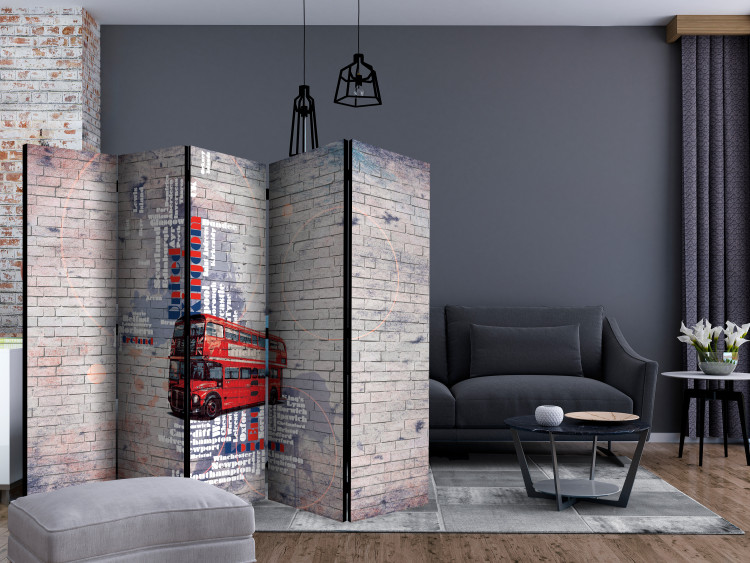Folding Screen My London II (5-piece) - red car and writings on brick background 133289 additionalImage 4