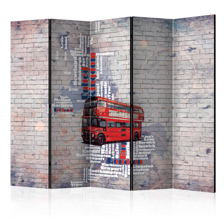 Folding Screen My London II (5-piece) - red car and writings on brick background 133289