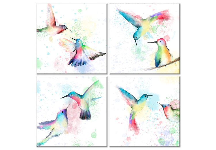 Canvas Art Print Pastel Joy (4-piece) - colorful frames with spring birds 138289