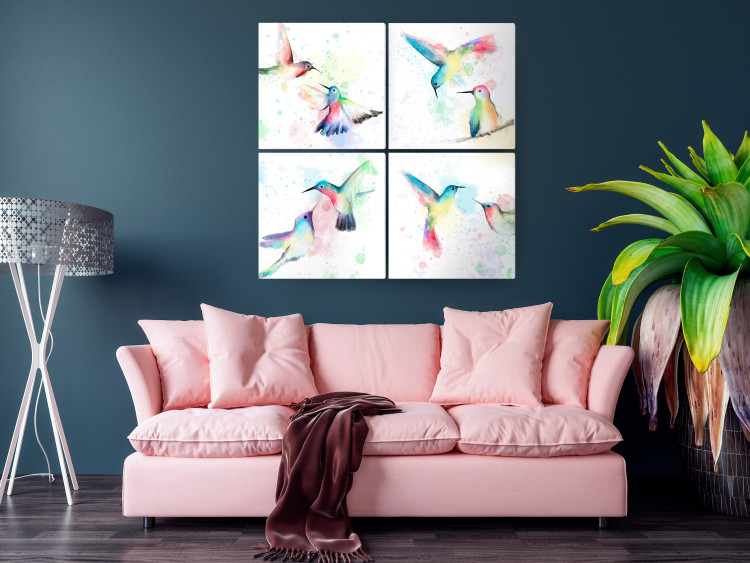 Canvas Art Print Pastel Joy (4-piece) - colorful frames with spring birds 138289 additionalImage 3