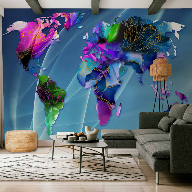 Photo Wallpaper Abstraction with continents - colourful world map with colourful patterns 142989