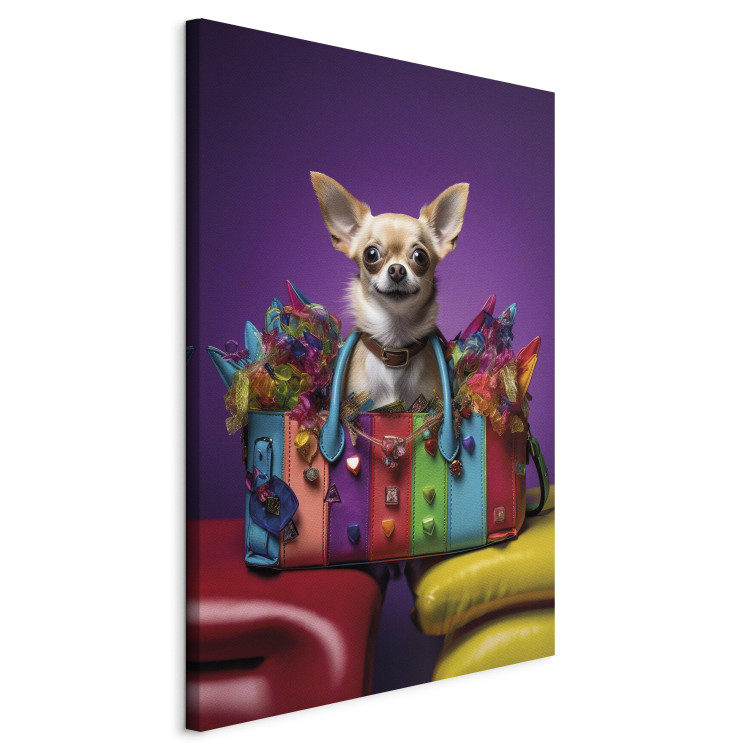 Canvas Art Print AI Chihuahua Dog - Tiny Animal in a Colorful Bag - Vertical 150189 additionalImage 2